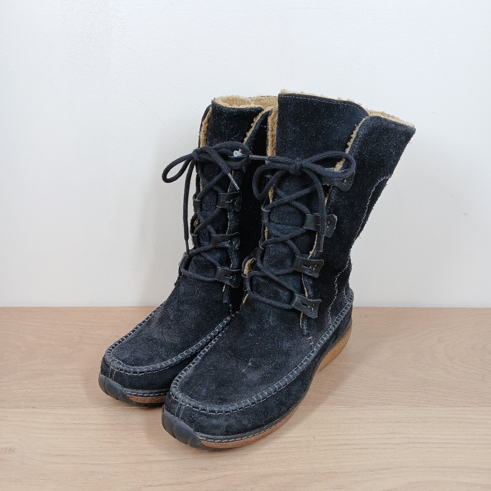 Timberland Mid Calf Boots Womens 6.5 Black Suede Faux Fur Lined Lace Up Moc Toe